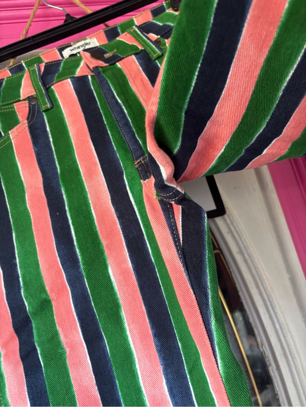 Wrangler Wanderer Striped Flare Pants in Green, Pink & Navy - Picture 12 of 14